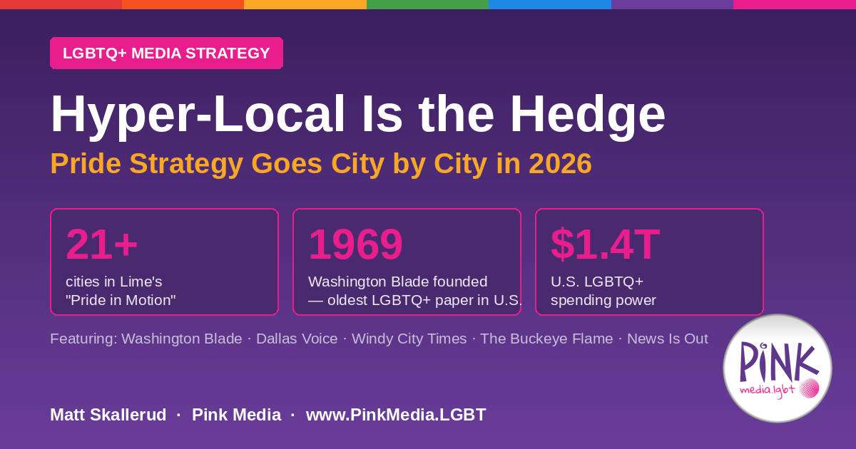 Hyper-Local Is the Hedge: Why Pride Strategy Is Going City by City in 2026 — Lime's 21+ city model, the Washington Blade since 1969, $1.4T LGBTQ+ spending power | Pink Media