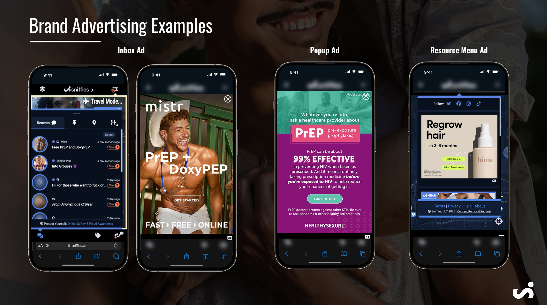 Sniffies brand advertising examples: Inbox Ad, Popup Ad, and Resource Menu Ad formats